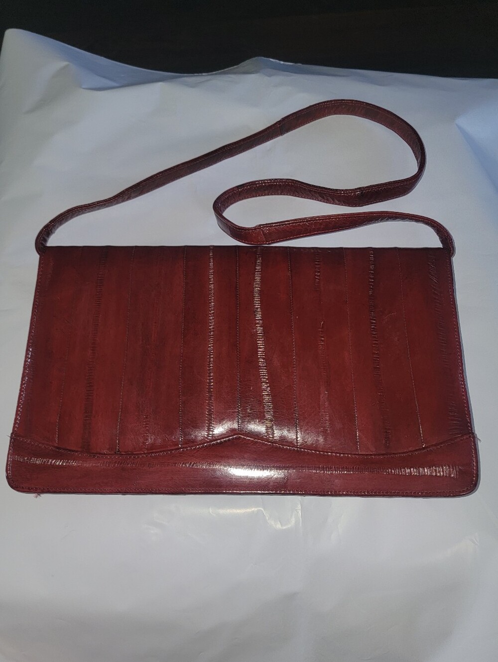 Eel Skin Leather Handbag Clutch Shoulder Bag w/ Strap VTG 11"x7" Burgundy Exotic